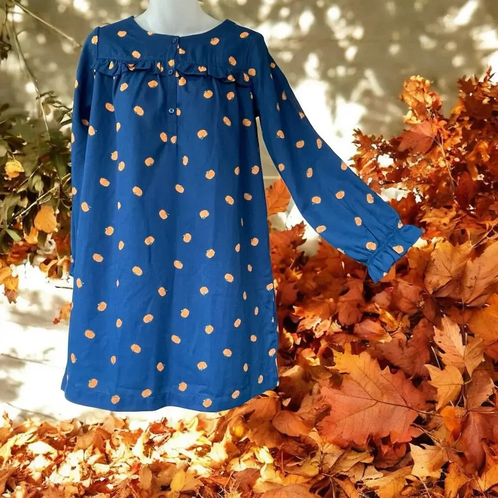 NWT J. Crew Blue Pumpkin Fall Nightdress Ruffles Girls Crewcuts Dress Size XL